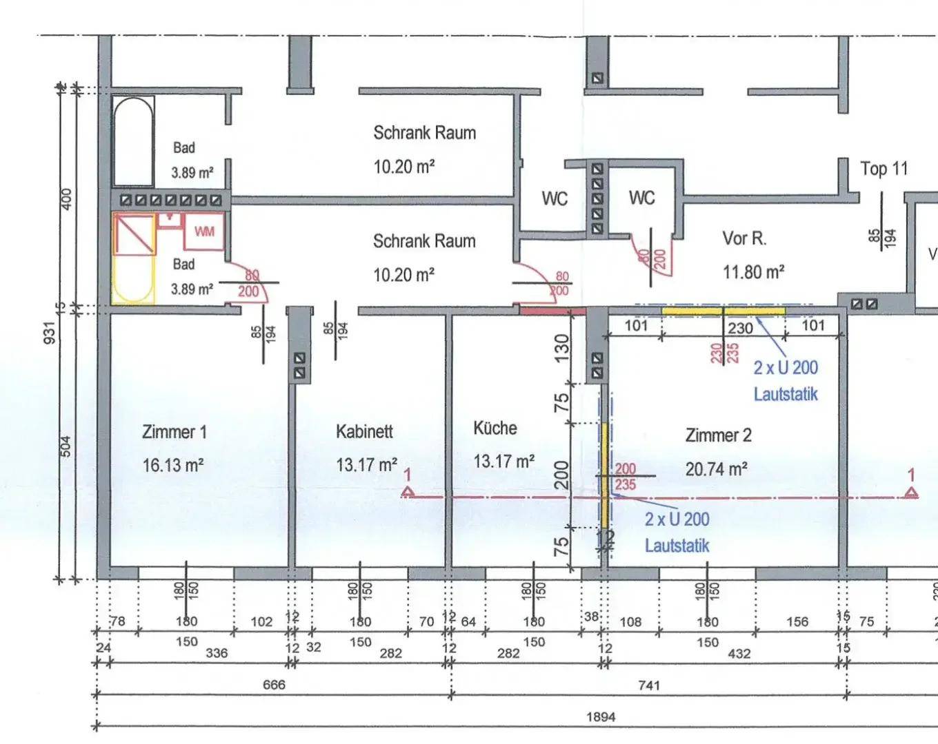 Detaillierter Grundriss der Wohnung mit Raumaufteilung und Flächenangaben.
