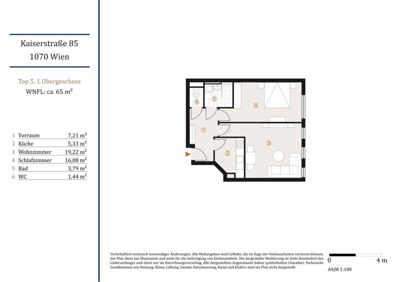 Grundriss der Wohnung Top 5 im 1. Obergeschoss mit 65 m² Wohnfläche.