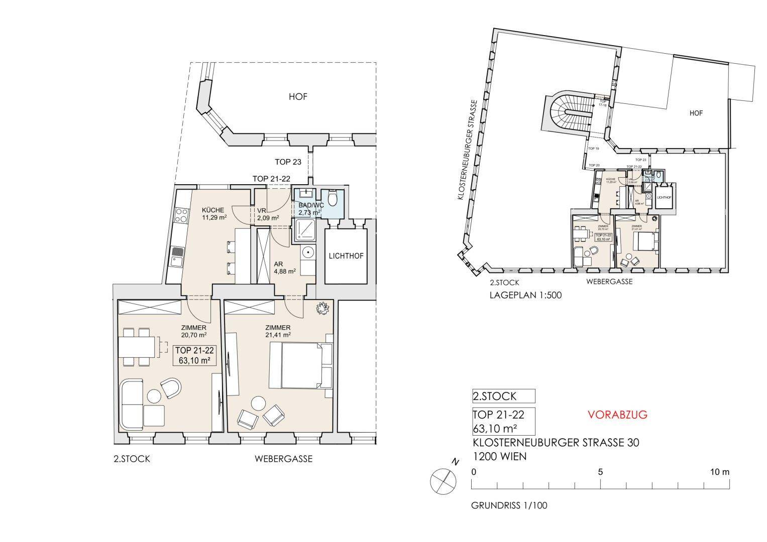 Grundriss für eine Wohnung im zweiten Stock mit zwei Zimmern, Bad und Hofblick.
