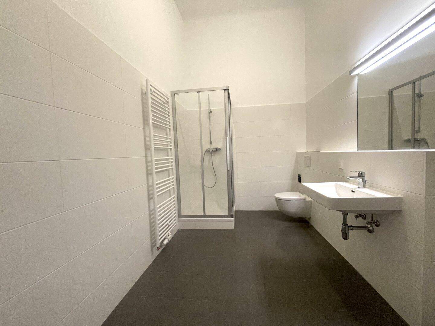 Helles Badezimmer mit modernen Fliesen, Dusche, WC, Einzelwaschbecken und beheiztem Handtuchhalter.