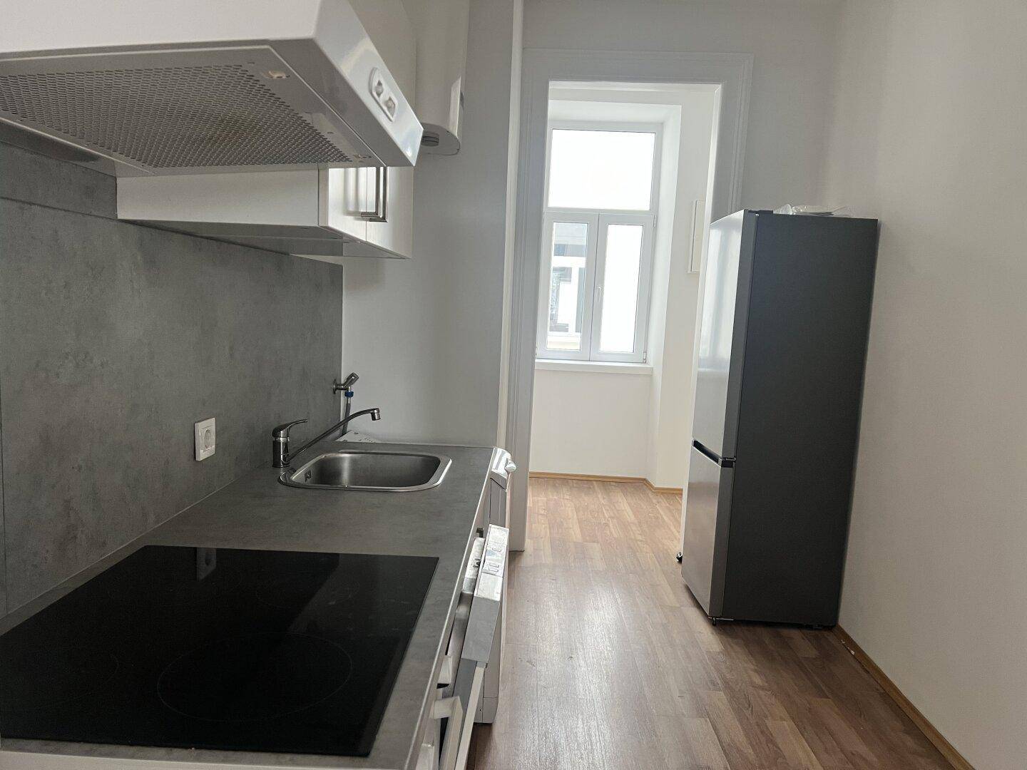 Kompakte Küche mit Induktionskochfeld, Spüle und Kühlschrank, offen zu einem weiteren Raum.