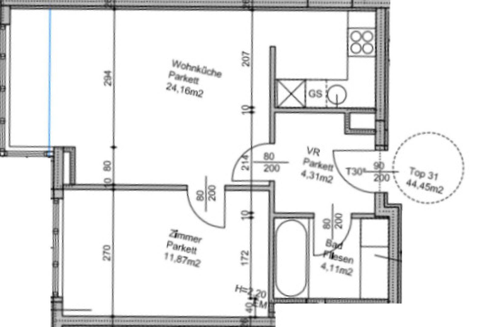 Detaillierter Grundriss einer Wohnung mit Wohnküche, Zimmer, Bad und Vorraum.