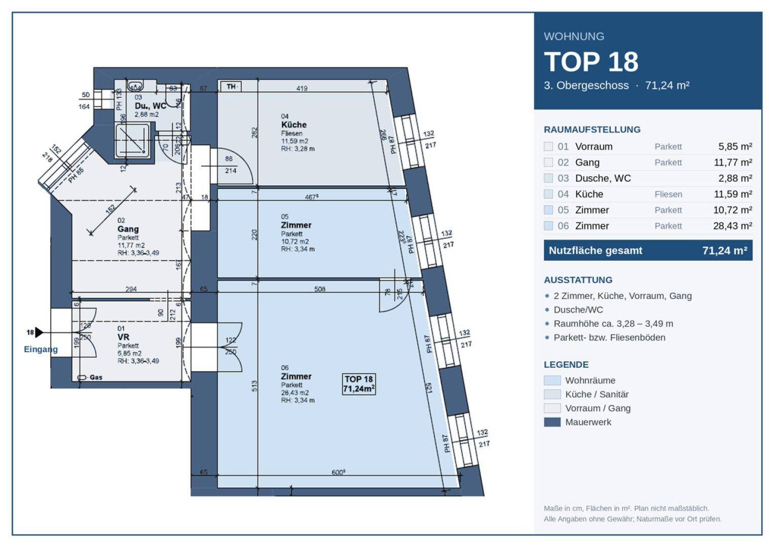 Grundriss einer 3-Zimmer-Wohnung mit 71,24 m² Wohnfläche und Balkon.