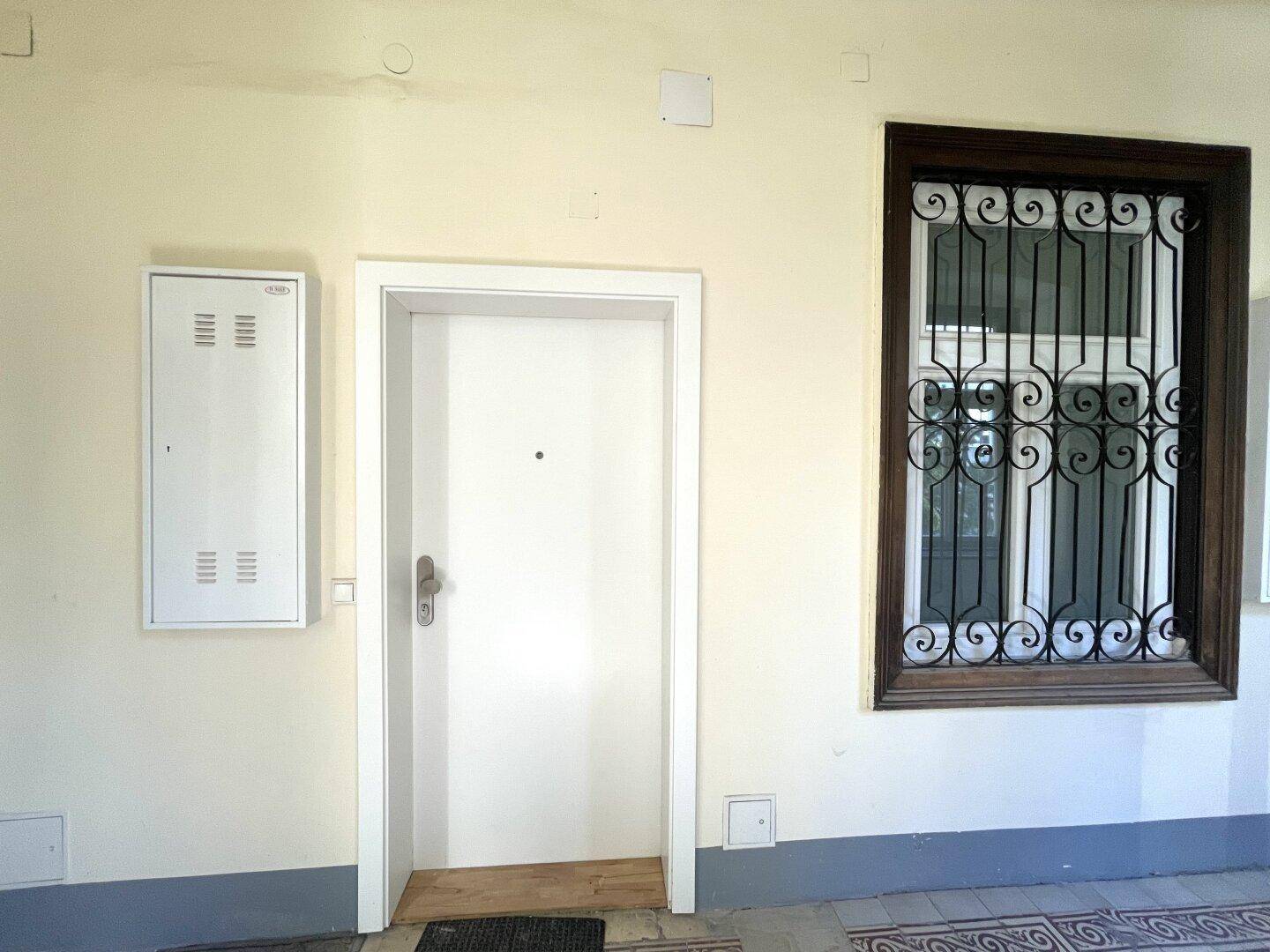 Eingangsbereich mit weißer Tür, Fenster mit Sicherheitsgitter und einem Wandverteilerkasten.