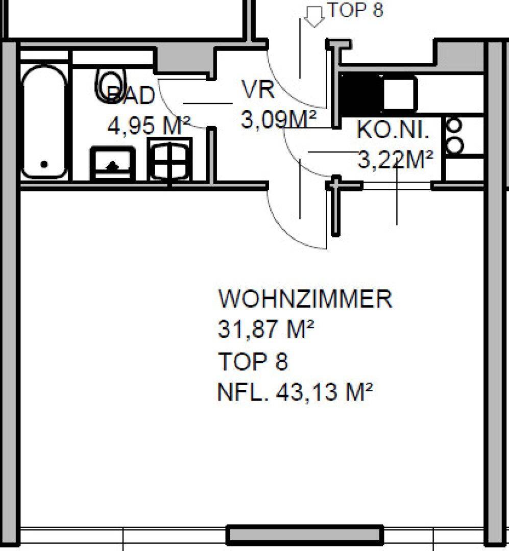 Grundriss der Wohnung Top 8 mit Wohnzimmer, Bad und Kochnische, Gesamtfläche 43,13 m².