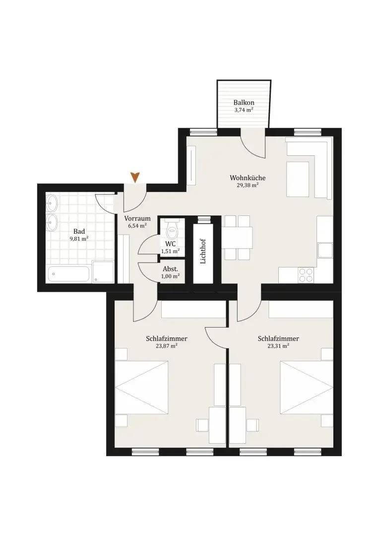 Grundriss einer Wohnung mit zwei Schlafzimmern, offener Wohnküche, Bad, separatem WC und Balkon.