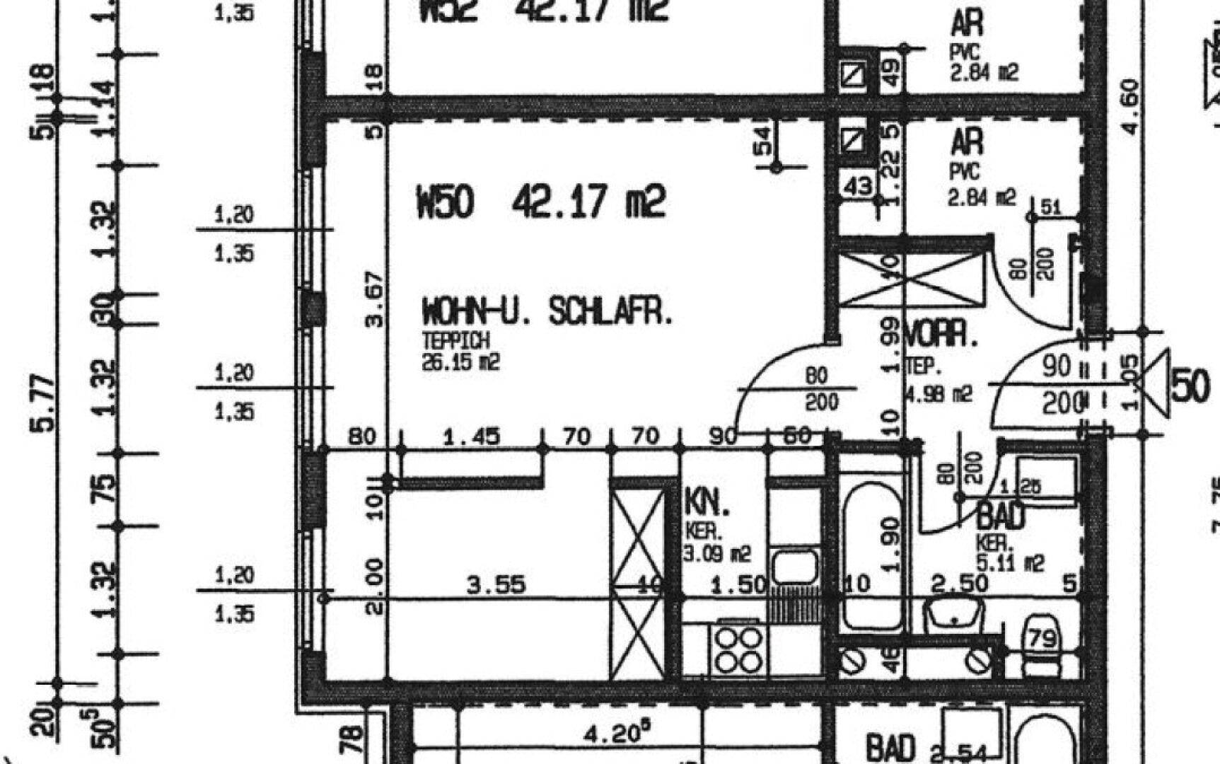 Detaillierter Grundriss einer Wohnung mit Wohn- und Schlafbereich sowie Bad und Küche.