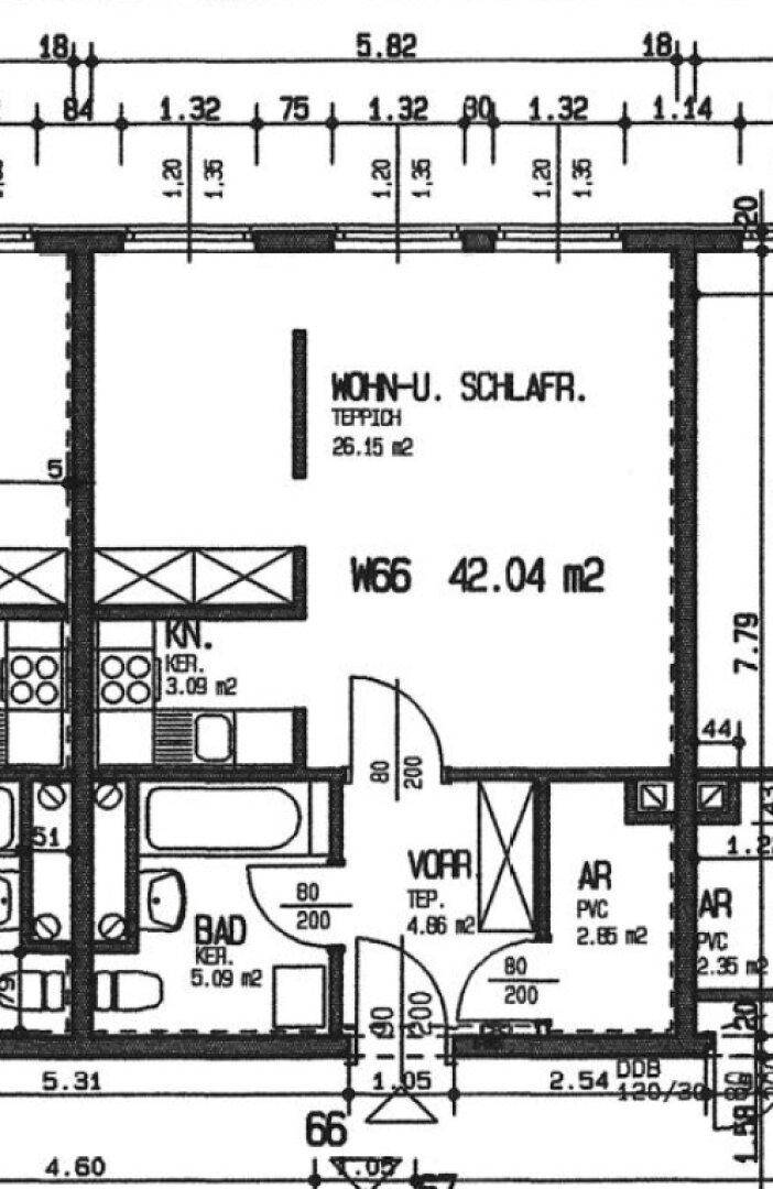 Detaillierter Grundriss einer Wohnung mit Wohn- und Schlafbereich, Küche und Bad.