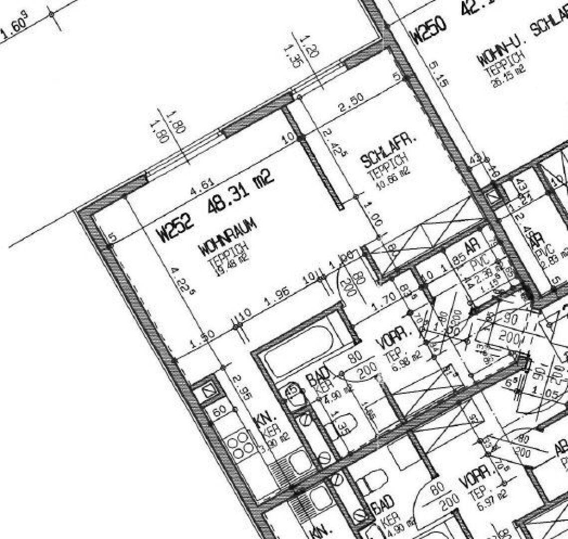 Detaillierter Grundriss einer Wohnung mit Wohnraum, Schlafzimmern und Bädern.