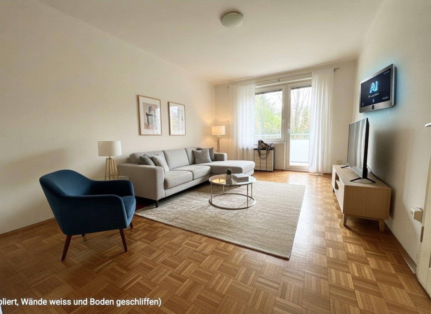 Geräumiges Wohnzimmer mit Parkettboden, bequemer Couch und Zugang zu einem Balkon.