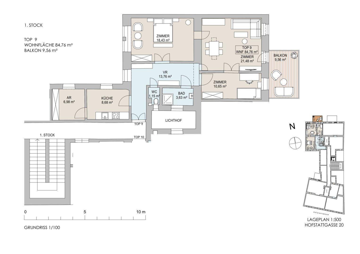 Detaillierter Grundriss einer Wohnung mit 84,76 m² Wohnfläche und 9,56 m² Balkon.