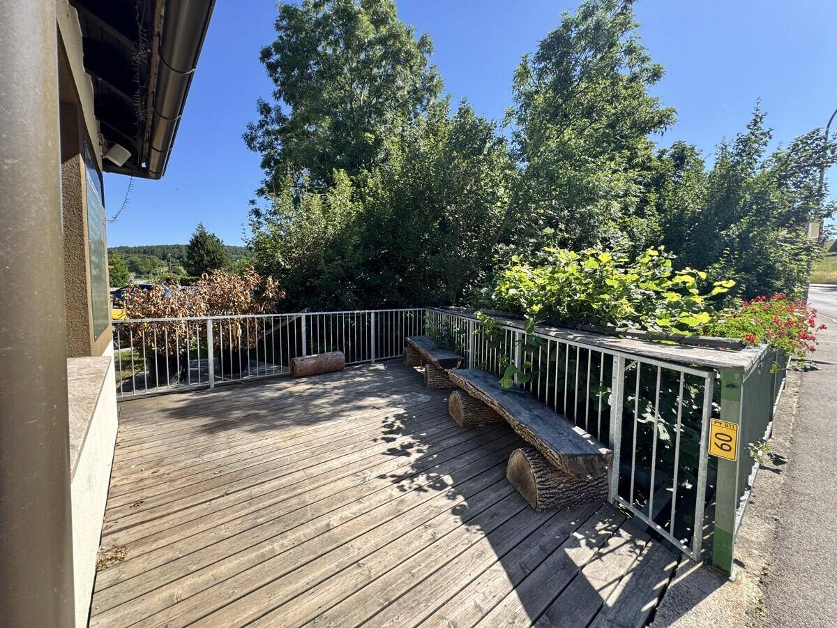 Rustikale Holzterrasse mit Holzbänken und Metallgeländer, umgeben von üppigem Grün und Bäumen an einem sonnigen Tag.