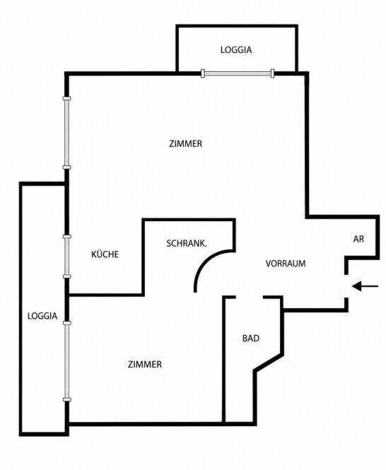 Grundriss mit Zimmern, Küche, Bad und zwei Loggien.