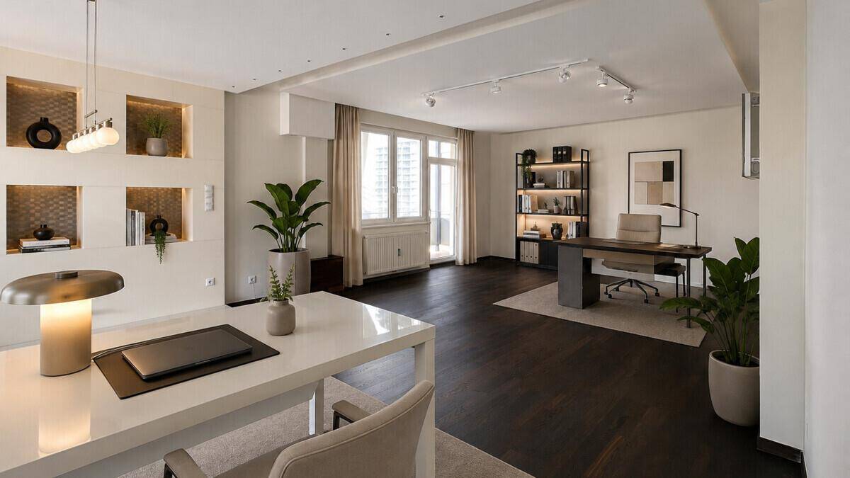 Geräumiges Büro mit zwei Arbeitsplätzen, dunklem Holzboden und modernen Einbauregalen.