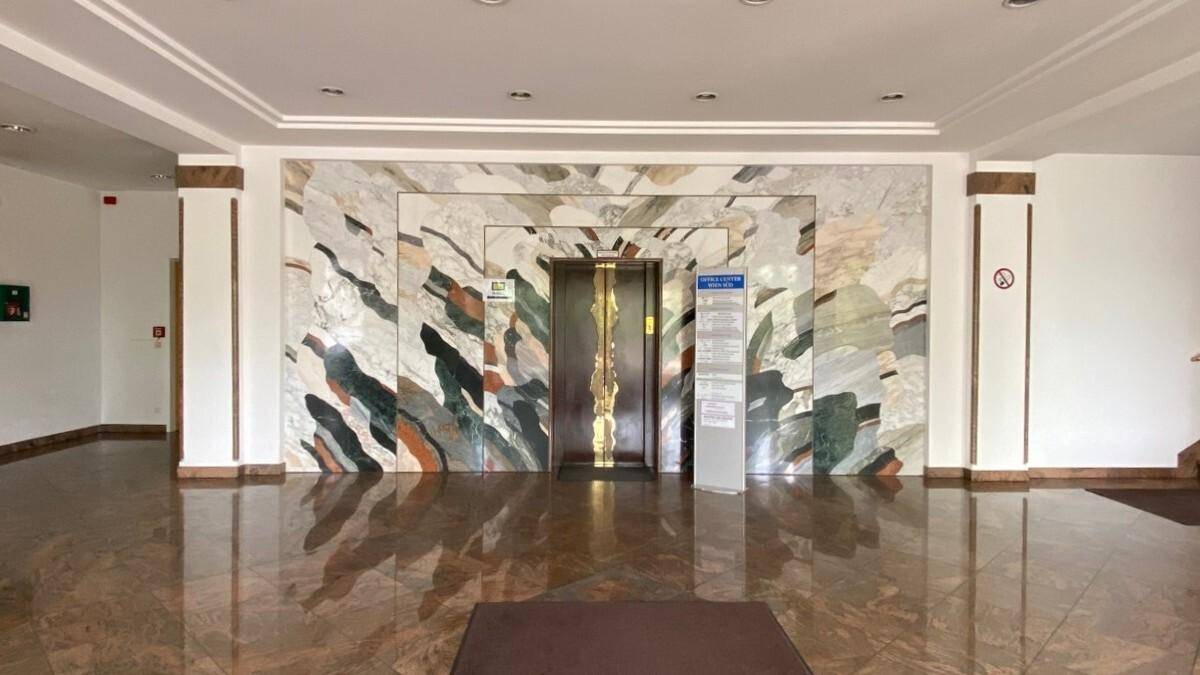 Elegante Lobby mit poliertem Marmorboden und einer kunstvoll gestalteten Aufzugswand, die einen luxuriösen Eingangsbereich schafft.