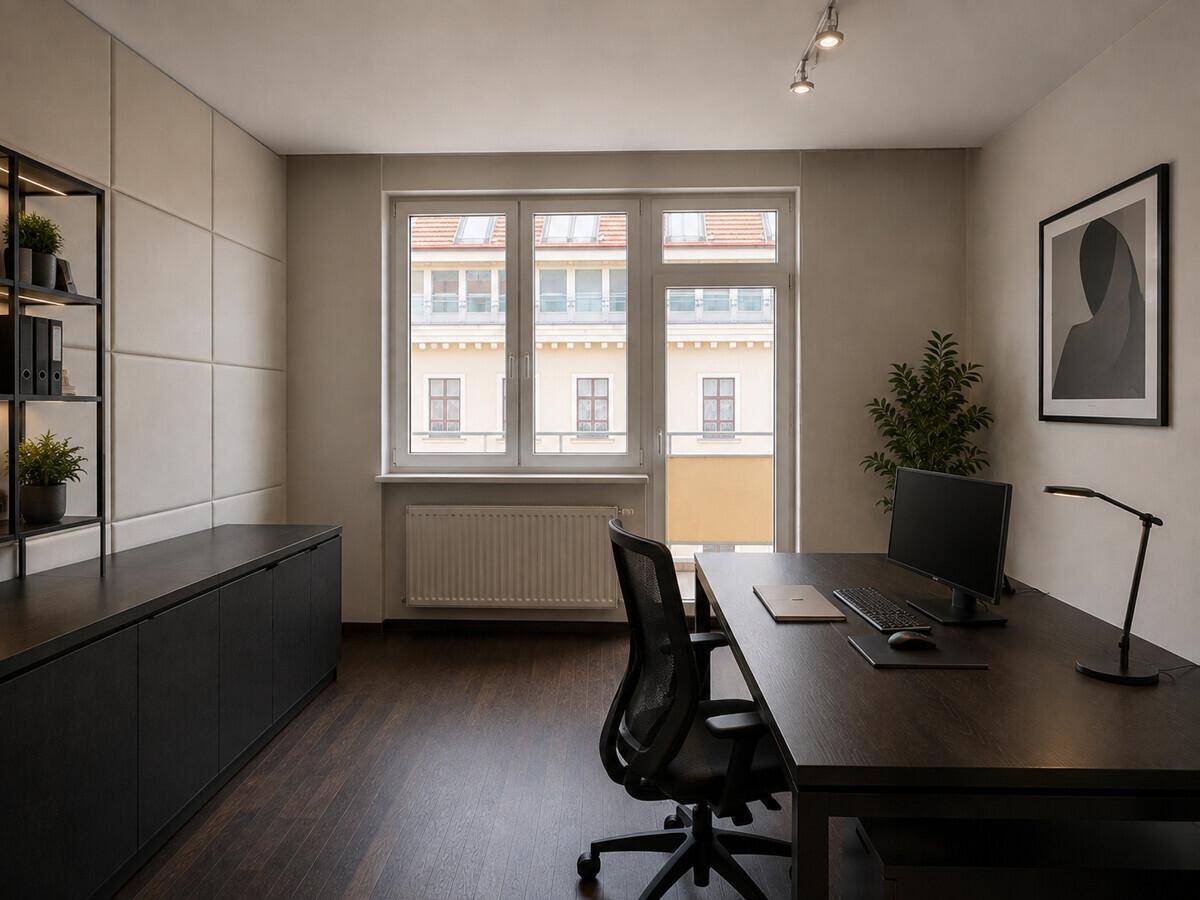 Modernes Büro mit dunklem Schreibtisch, ergonomischem Stuhl und großem Fenster für viel Tageslicht.