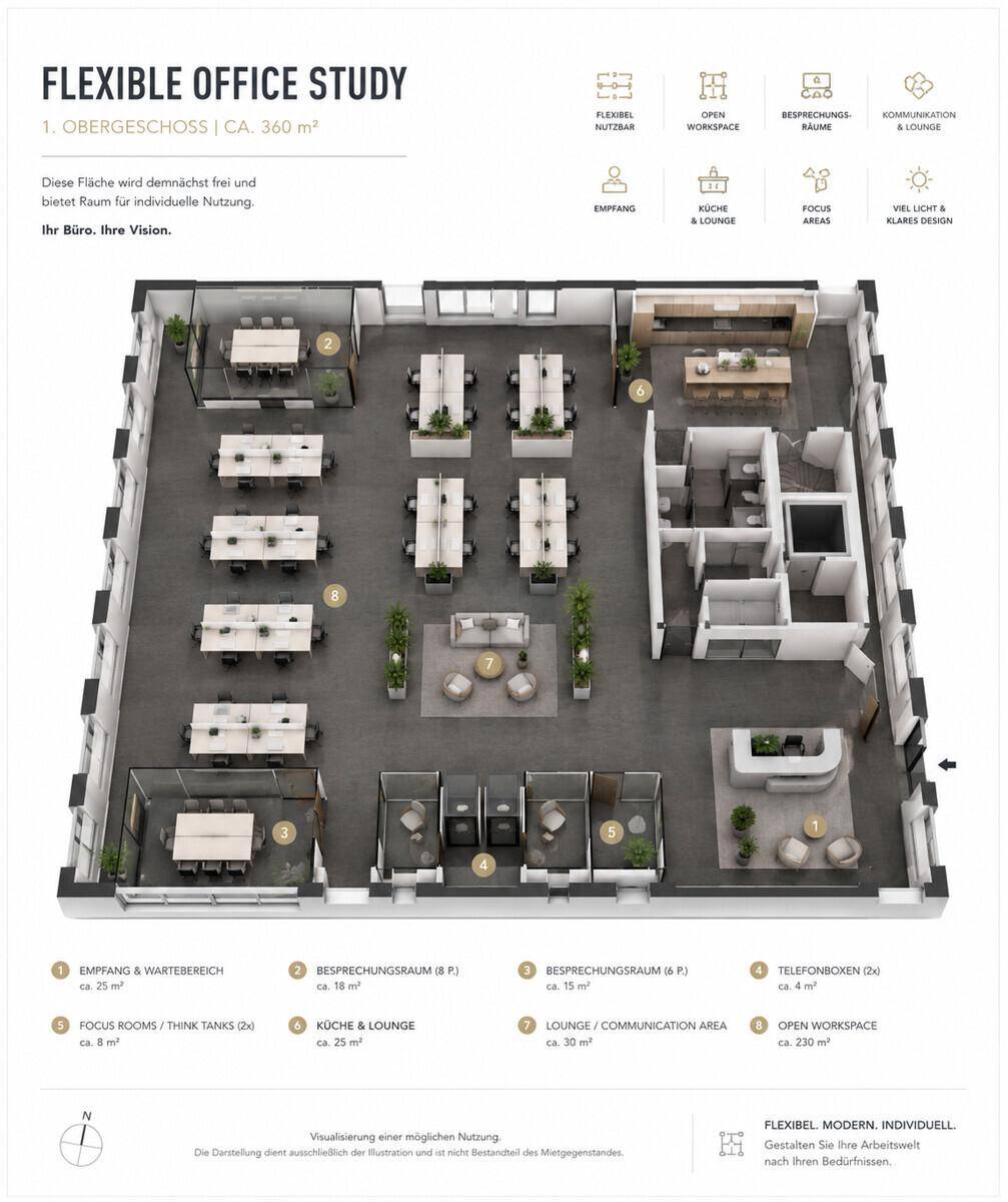 Grundrissstudie für ein flexibles Büro im Obergeschoss mit ca. 360 m² Fläche und verschiedenen Zonen.