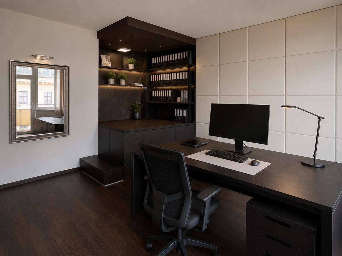Arbeitszimmer mit dunklem Schreibtisch, integrierten Regalen und gepolsterter Wandverkleidung.