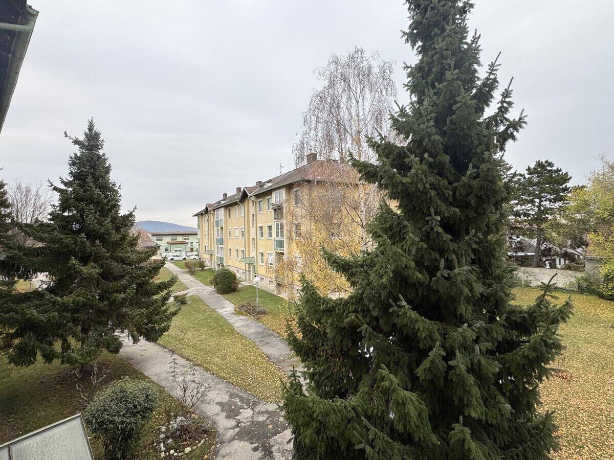 Blick auf ein Wohngebäude mit gelber Fassade und grünen Außenanlagen.
