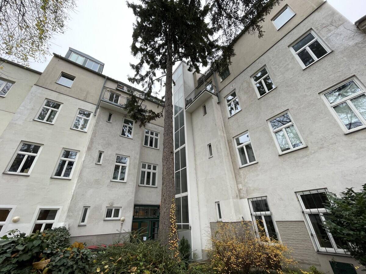 Außenansicht eines Gebäudes mit modernem Glaslift und altem Baumbestand im Innenhof.