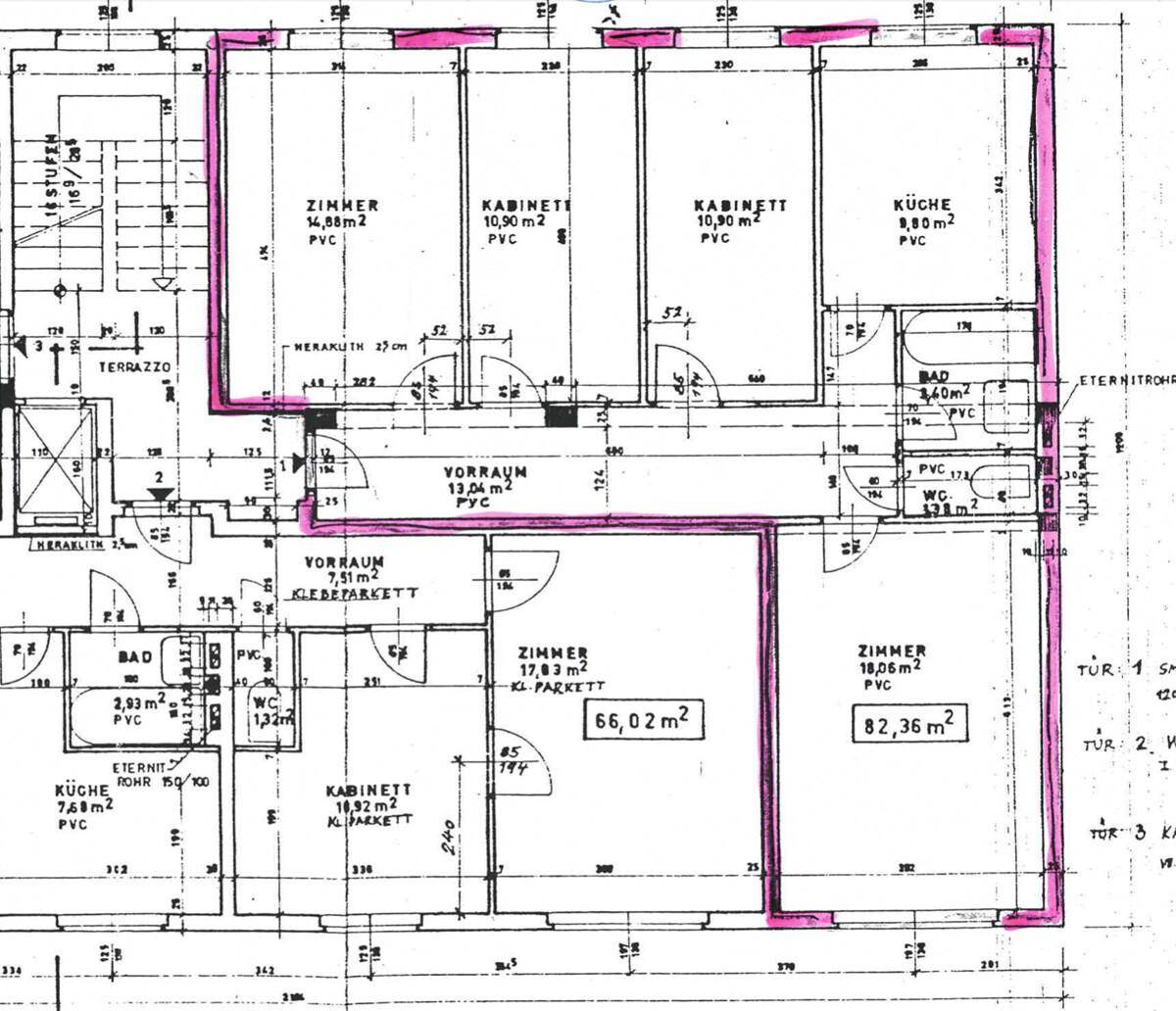 Detaillierter Grundriss mit Raumaufteilung, Flächenangaben und hervorgehobenen Bereichen.