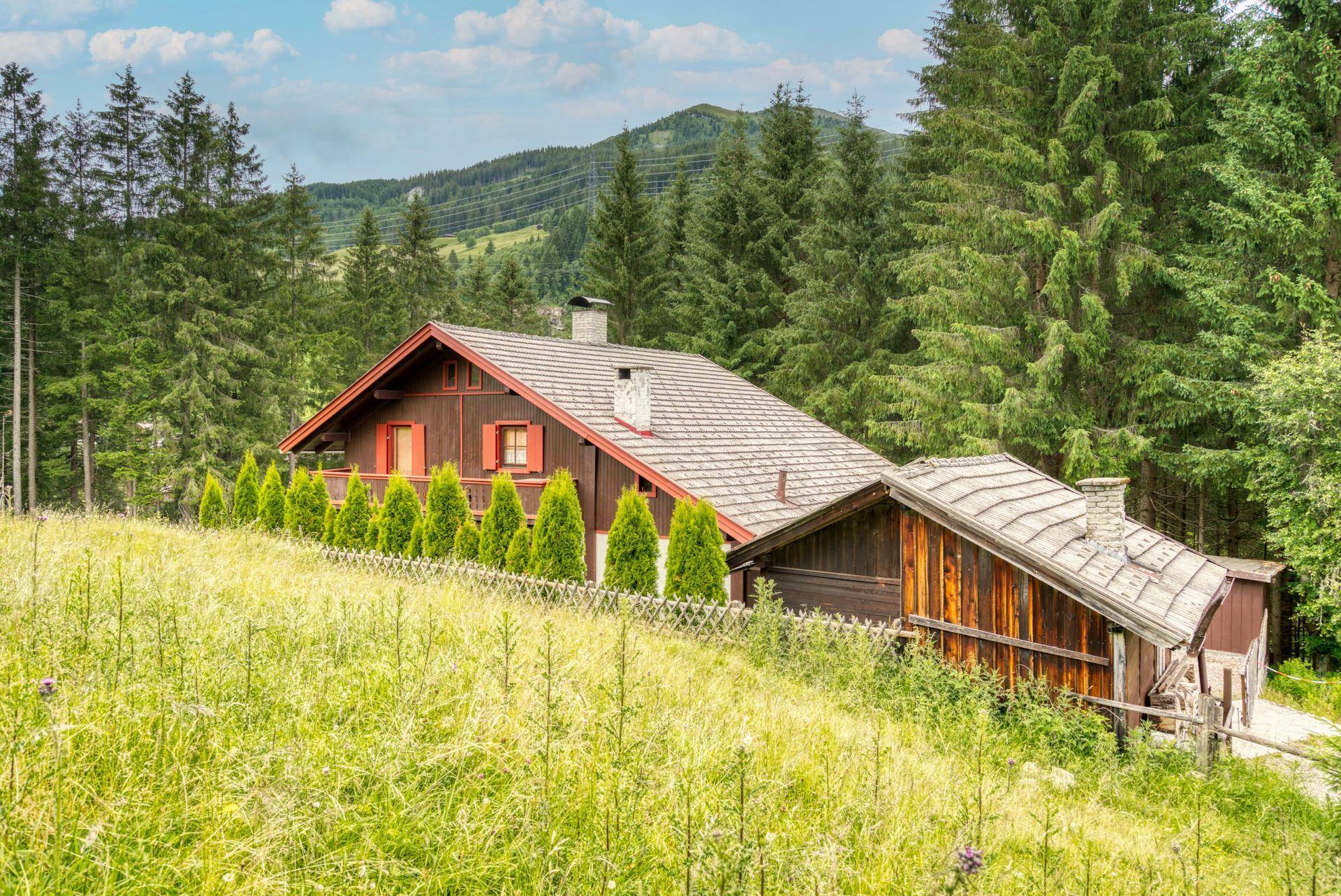 Charmantes Holzchalet mit Nebengebäude, eingebettet in eine idyllische Berglandschaft mit Wald und Wiesen.