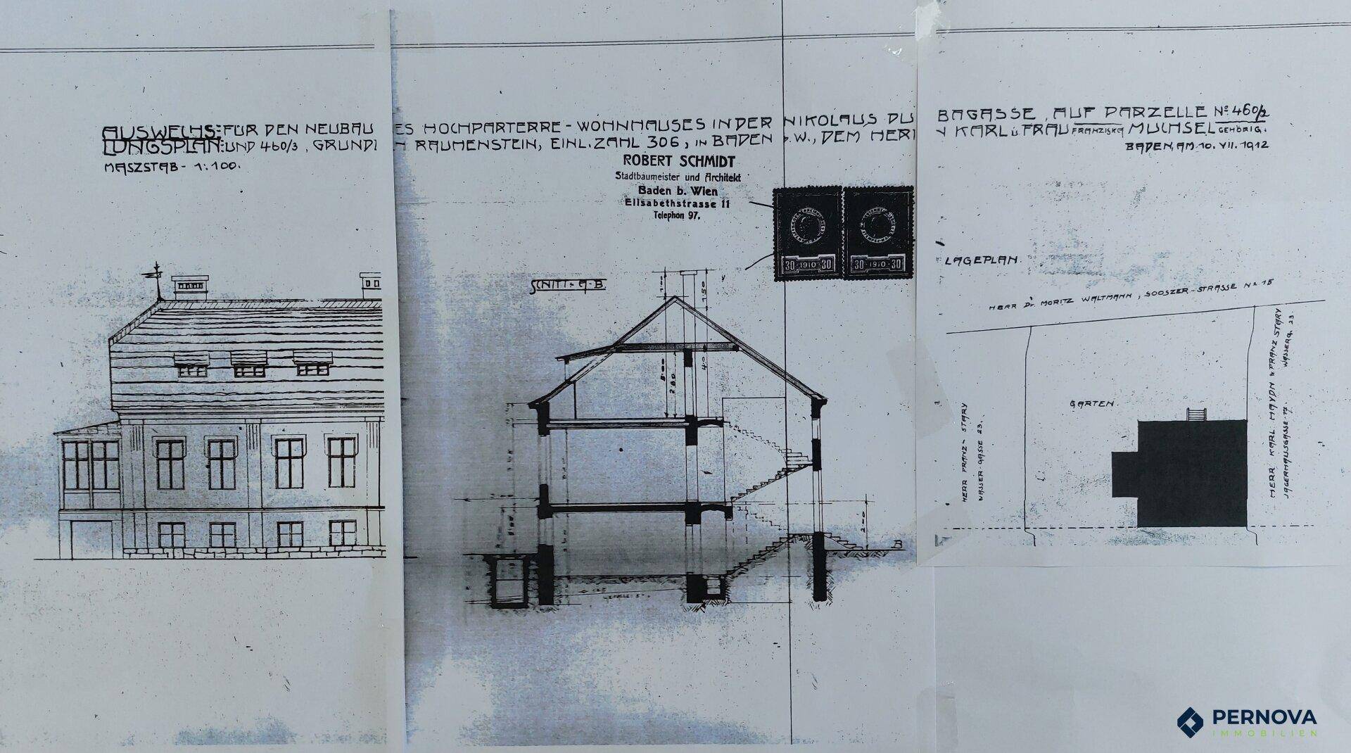 Historische Baupläne des Gebäudes mit Ansichten und Querschnitt, datiert auf 1914.
