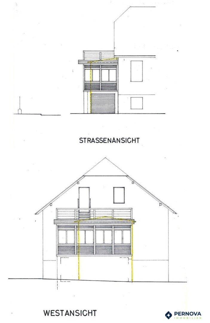 Architektonische Zeichnungen der Straßen- und Westansicht des Gebäudes.