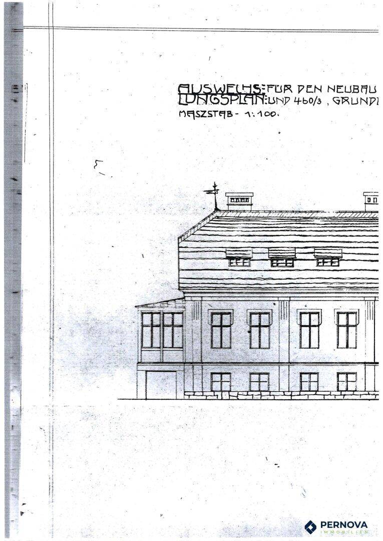 Historischer Bauplan des Gebäudes mit Seitenansicht und Maßstab 1:100.