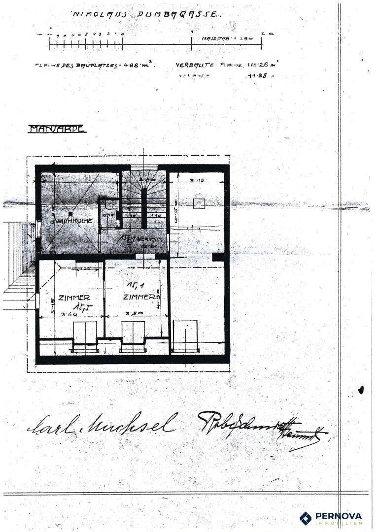 Grundriss des Mansardgeschosses mit Zimmeraufteilung und Treppenhaus.
