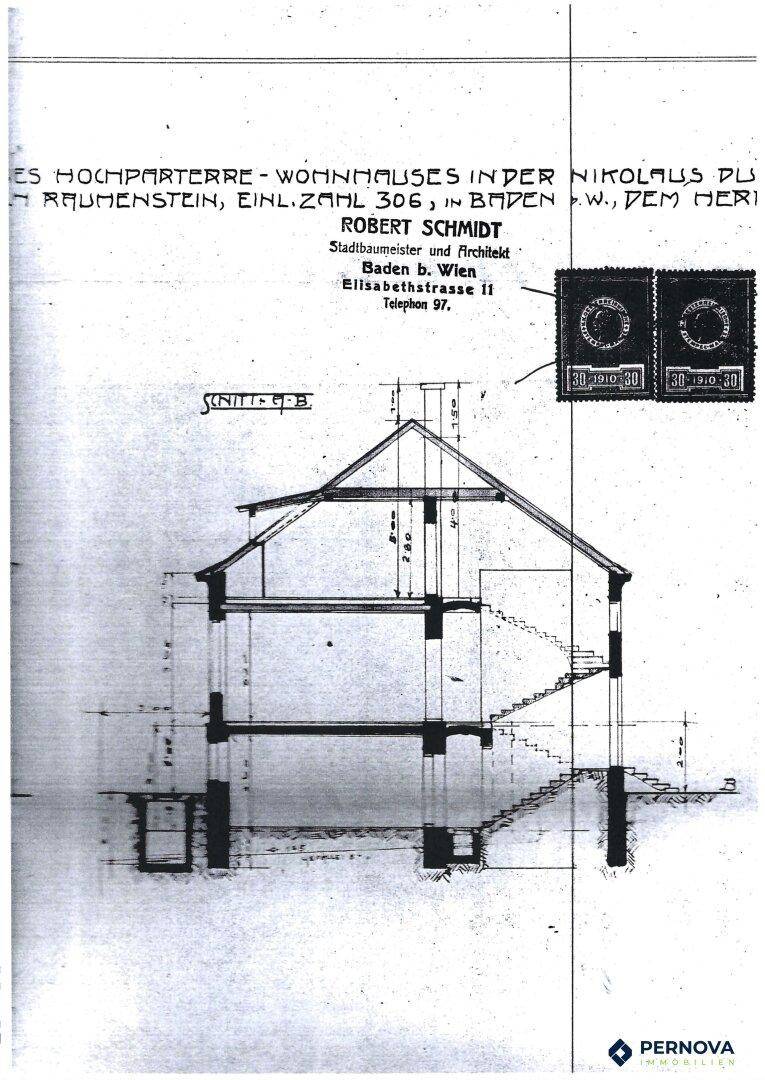Historischer Querschnittsplan des Wohnhauses mit Details zur Bauweise und Geschosshöhen.