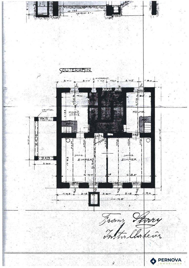 Grundriss des Souterrains mit Zimmeraufteilung und Kellerräumen.