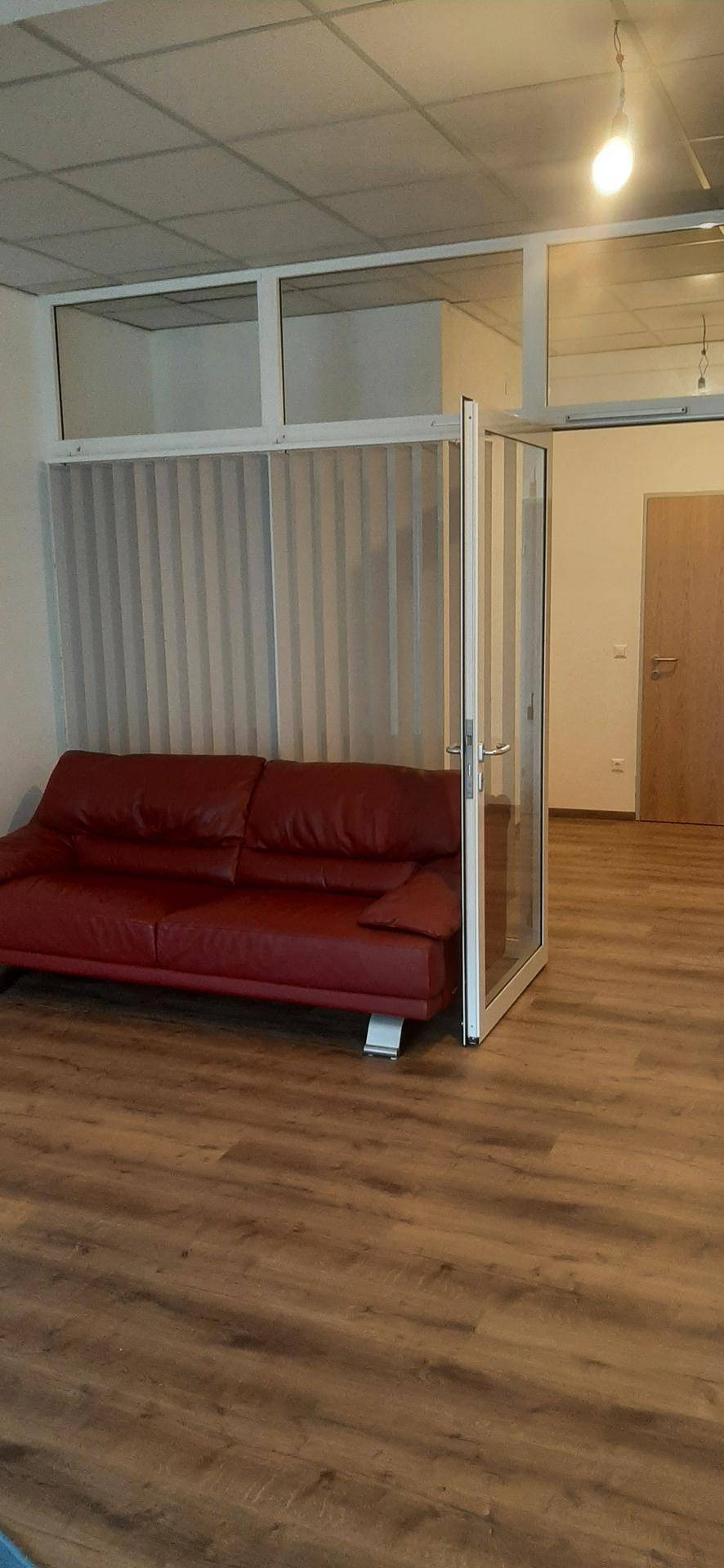 Zimmer mit rotem Ledersofa und einer modernen Glasabtrennung, auf dunklem Laminatboden platziert.