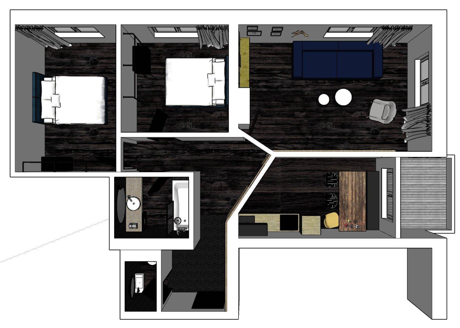 Grundriss einer Wohnung mit zwei Schlafzimmern, offenem Wohnbereich, Küche und Balkon.