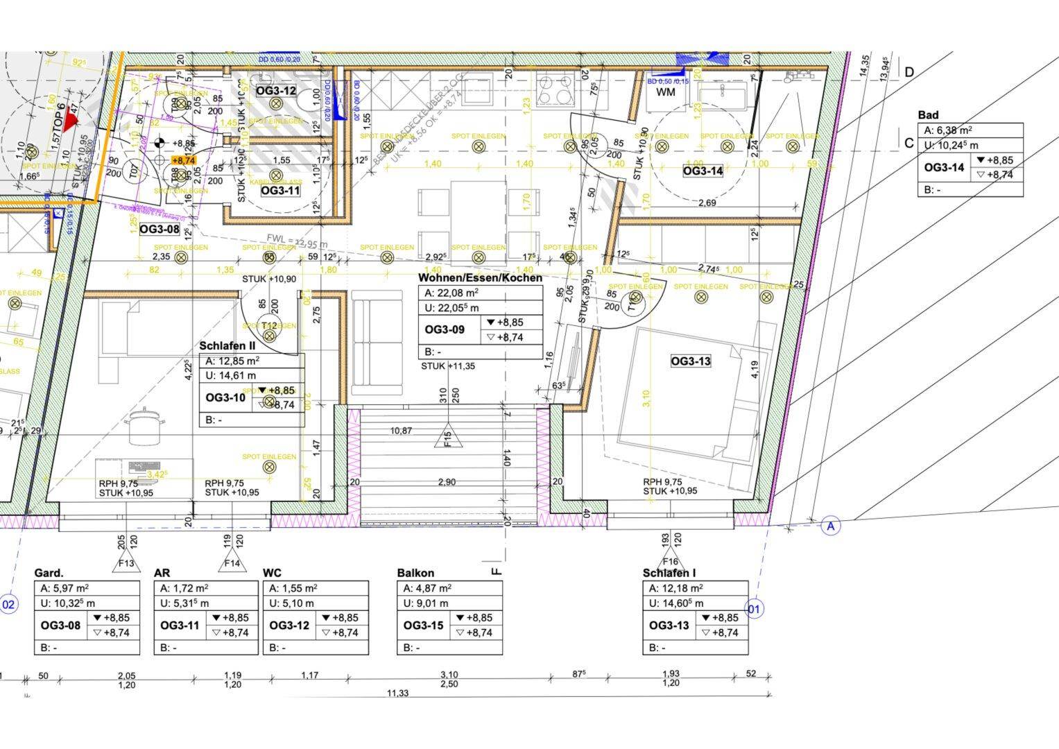 Detaillierter Grundriss einer Wohnung mit mehreren Zimmern und Balkonzugang.