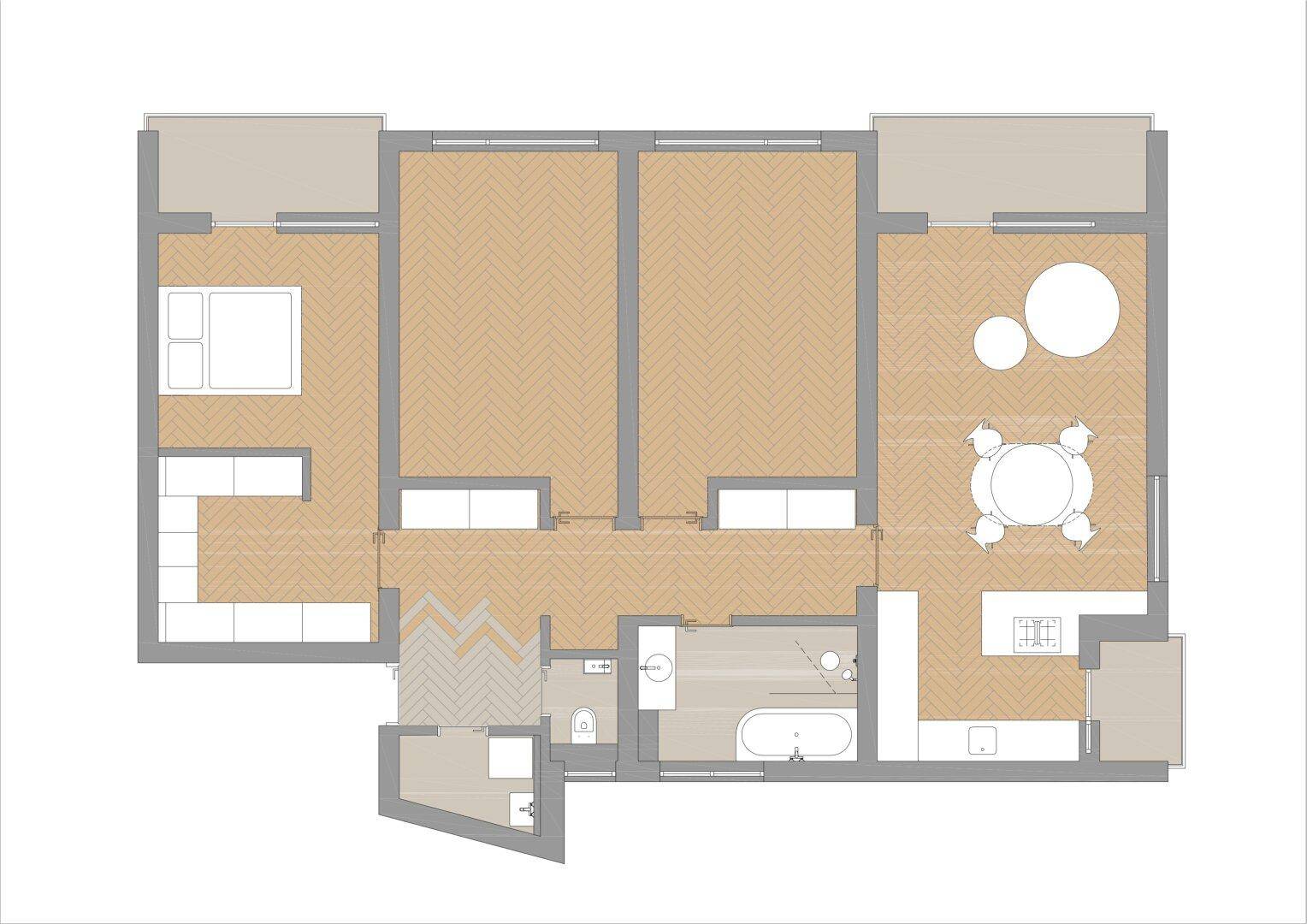 Detaillierter Grundriss einer Wohnung mit drei Zimmern, offenem Wohn-Essbereich, zwei Bädern und zwei Balkonen.