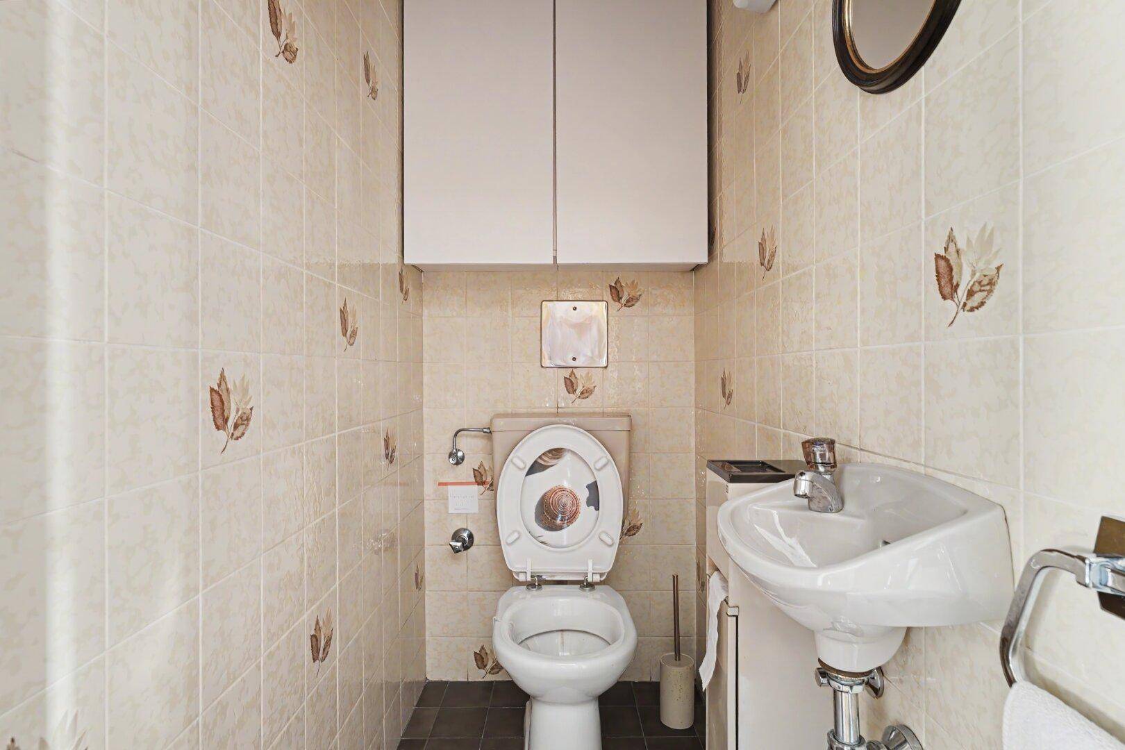 Separates WC mit Toilette, kleinem Waschbecken und beigefarbenen Fliesen mit Blattmotiven.