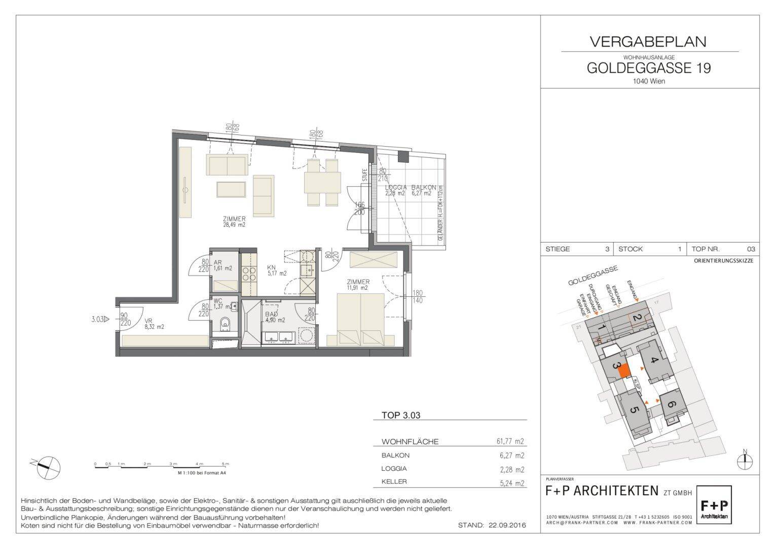 Grundriss einer Wohnung mit Balkon und Loggia, 61,77 m² Wohnfläche.