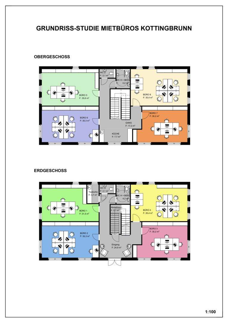 Grundriss-Studie für Mietbüros in Kottingbrunn, zeigt Obergeschoss und Erdgeschoss mit verschiedenen Büroräumen.