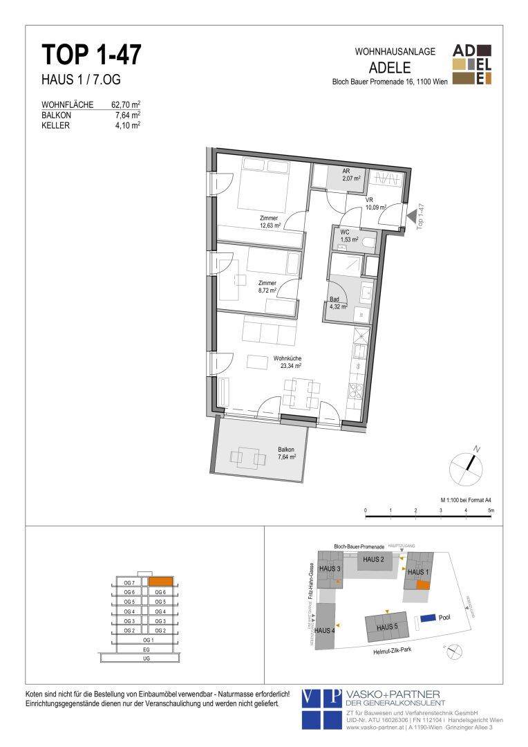 Grundriss der Wohnung TOP 1-47 mit Wohnküche, Schlafzimmer, Bad und Balkon.