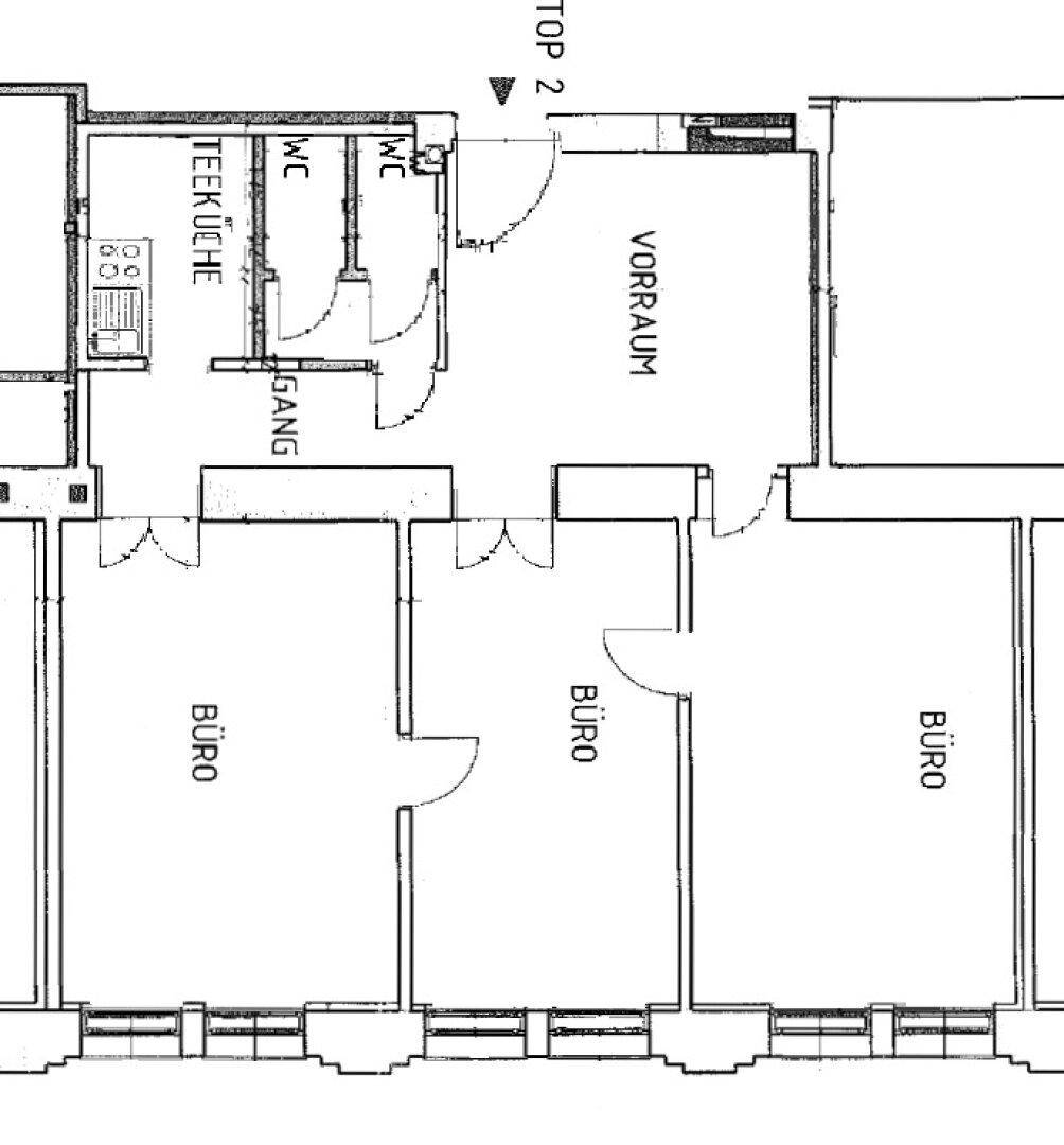 Grundrissplan mit Büroräumen, Teeküche und Toilettenbereich.