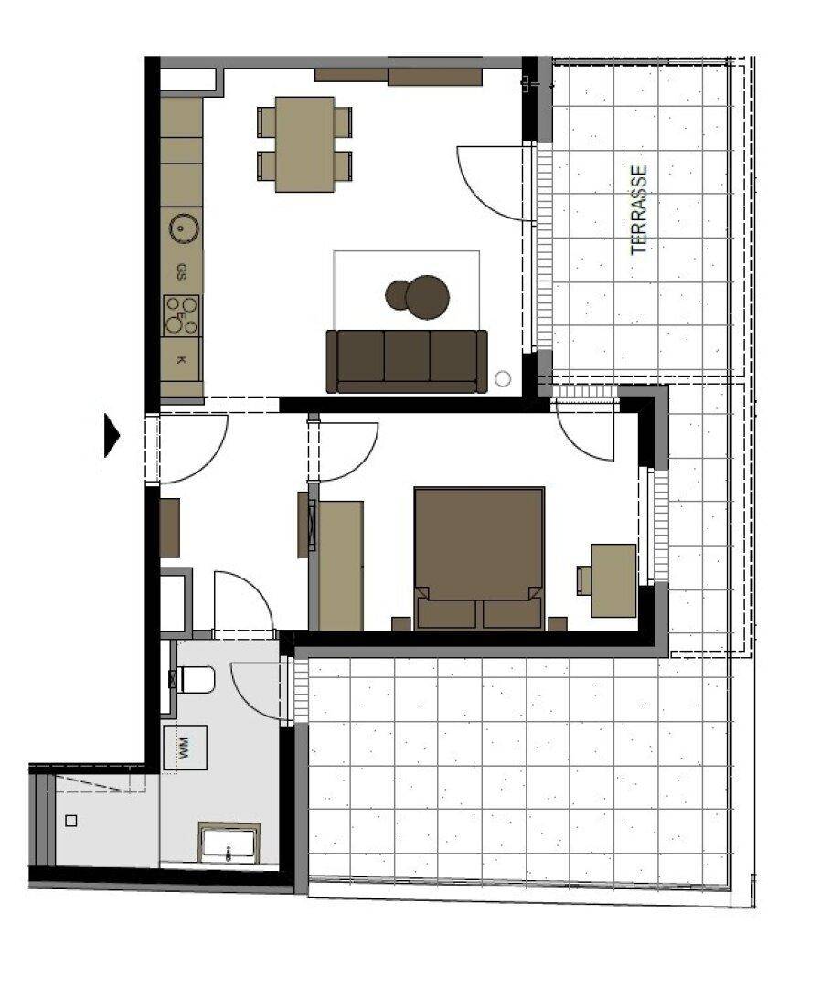 Grundriss einer Wohnung mit offener Küche, Wohnbereich, Schlafzimmer und großer Terrasse.