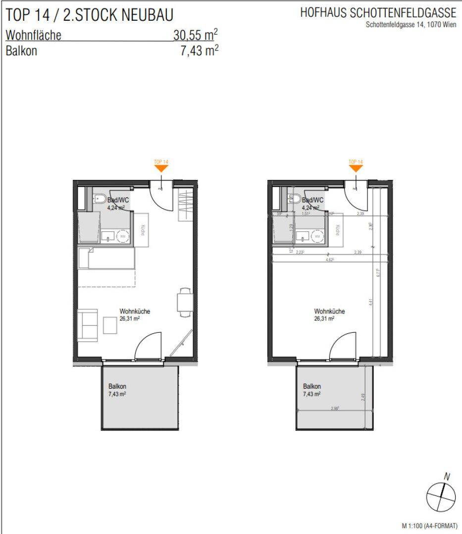 Grundrissplan für eine Neubauwohnung mit offener Wohnküche und Balkon.
