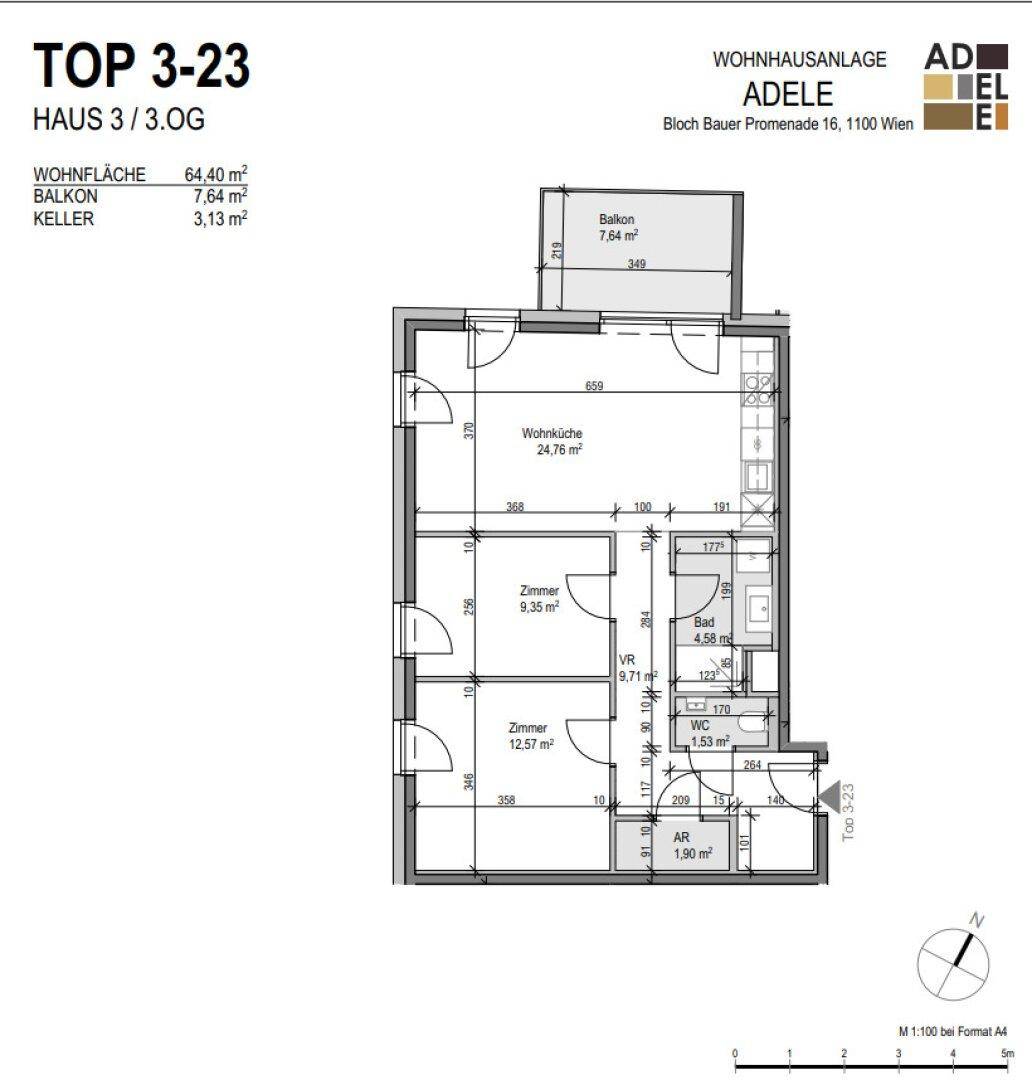 Detaillierter Grundriss der Wohnung TOP 3-23 mit Maßen für Wohnküche, Zimmer und Bad.