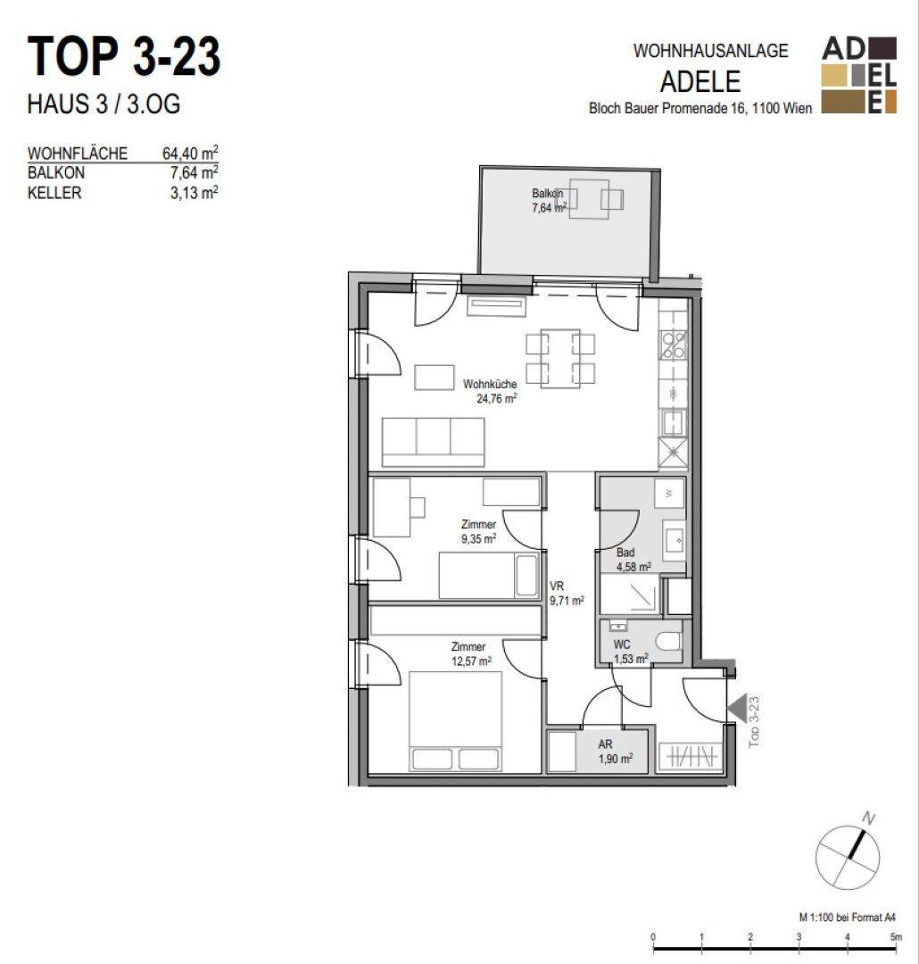Grundriss der Wohnung TOP 3-23 im 3. Obergeschoss mit Wohnküche, zwei Zimmern und Balkon.