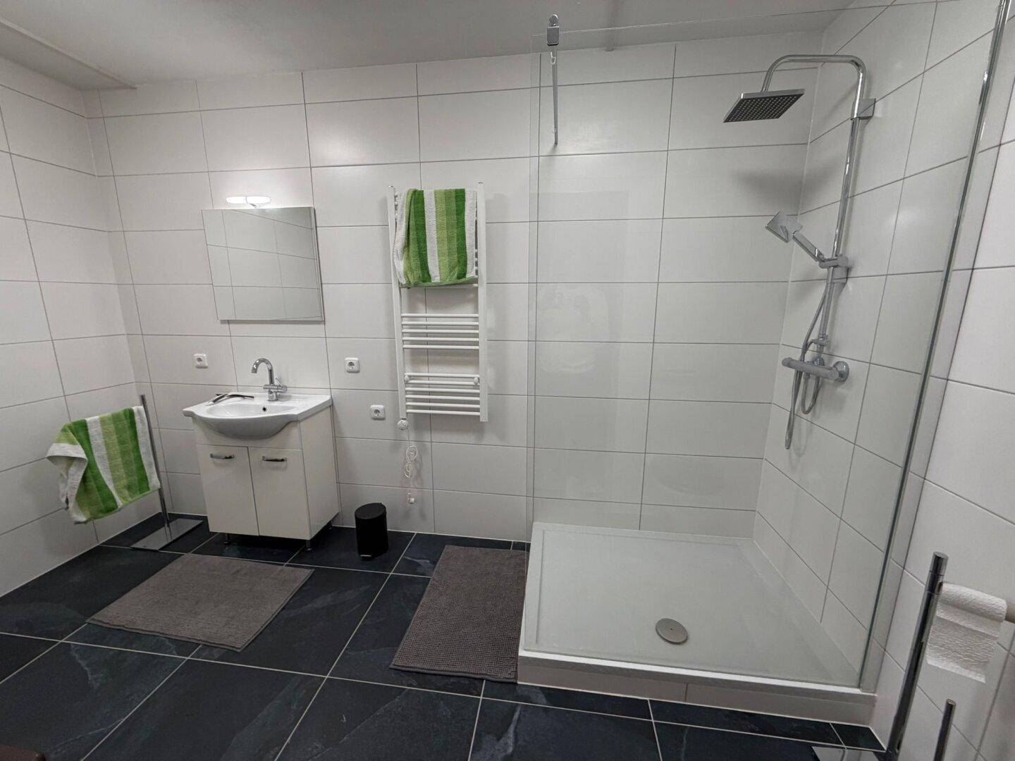 Modernes Badezimmer mit ebenerdiger Dusche, Einzelwaschbecken und Handtuchheizkörper.