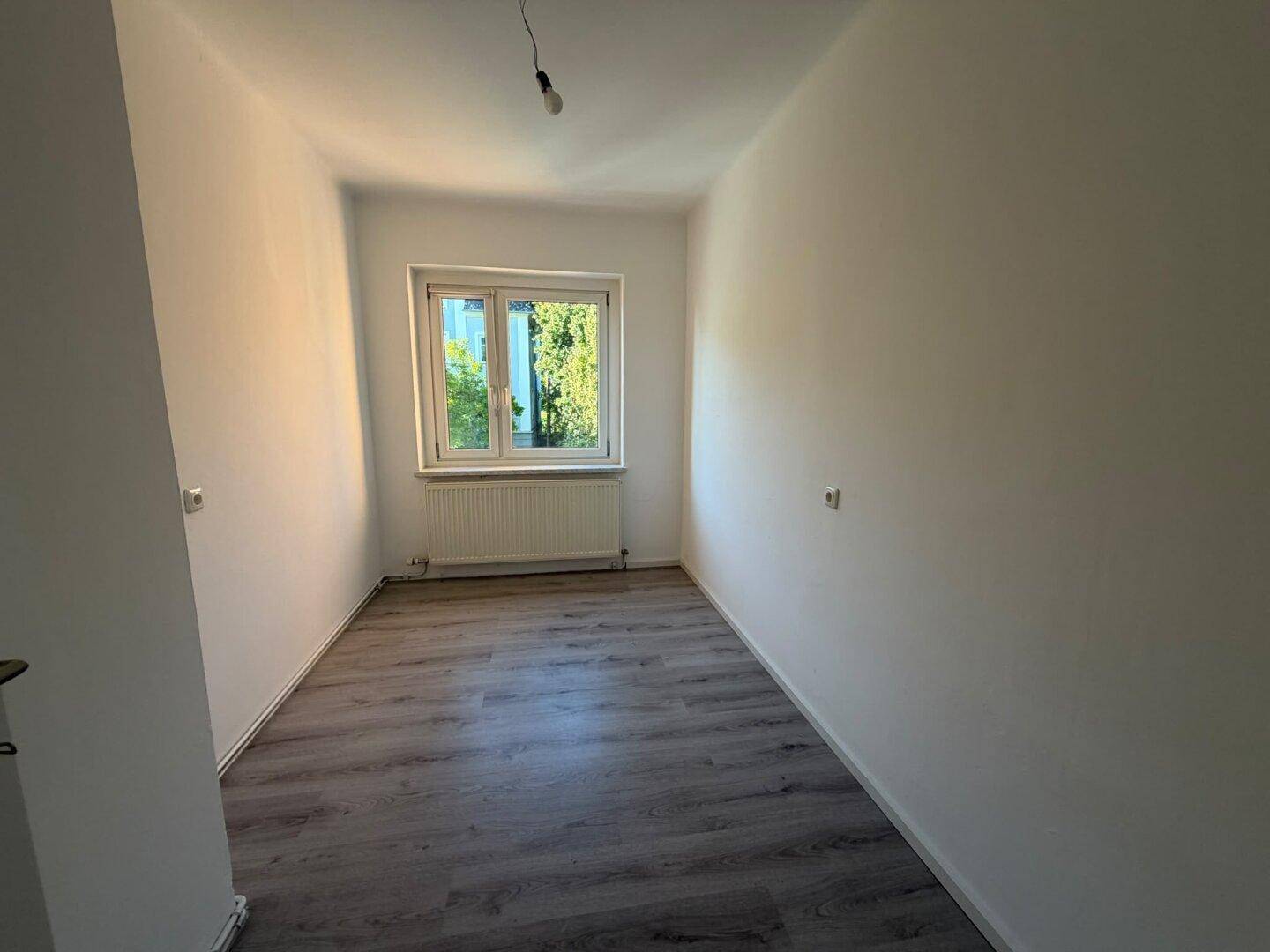 Leeres Zimmer mit dunklem Laminatboden, weißen Wänden und einem Fenster mit Blick auf Bäume.
