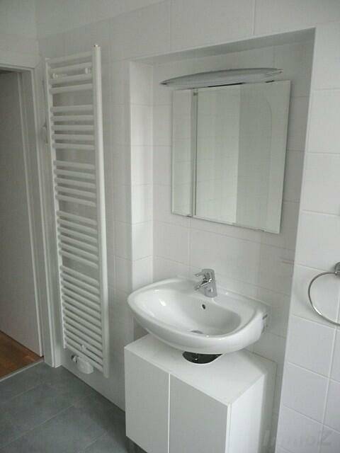 Modernes Badezimmer mit Waschbecken, Spiegelschrank und praktischem Handtuchheizkörper.
