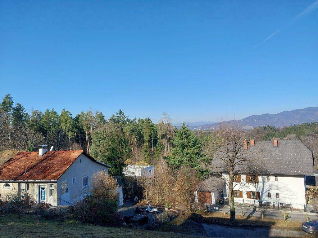 Panoramablick auf mehrere Häuser in einer ländlichen Umgebung mit dichtem Wald im Hintergrund.