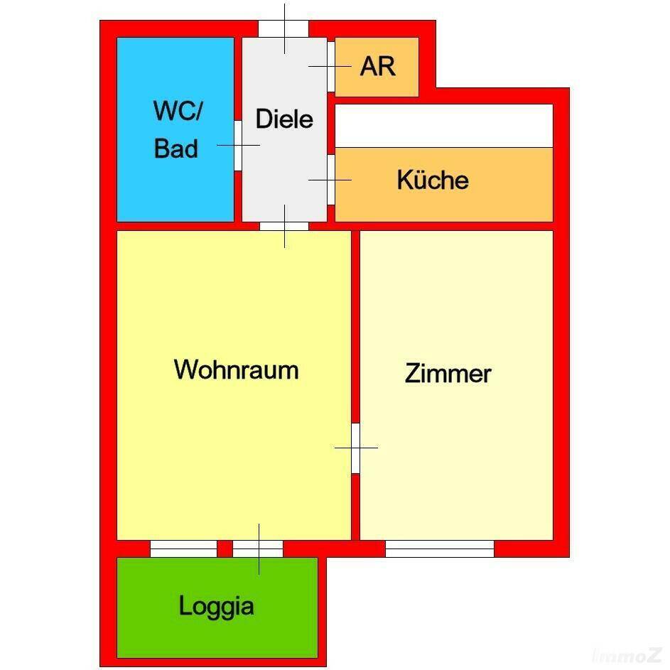 Grundrissplan mit Wohnraum, Zimmer, Küche, WC/Bad und Loggia, inklusive Abstellraum.
